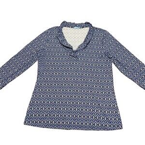 J. McLaughlin Women's Durham Catalina Ruffle V-neck Blue White Shirt Top Large